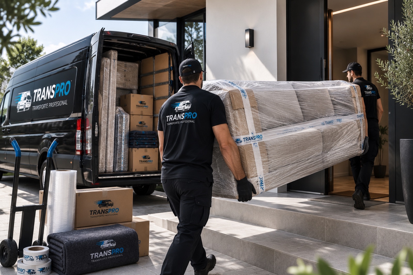 Operario de Transpro entrando un mueble embalado en una vivienda junto a la furgoneta