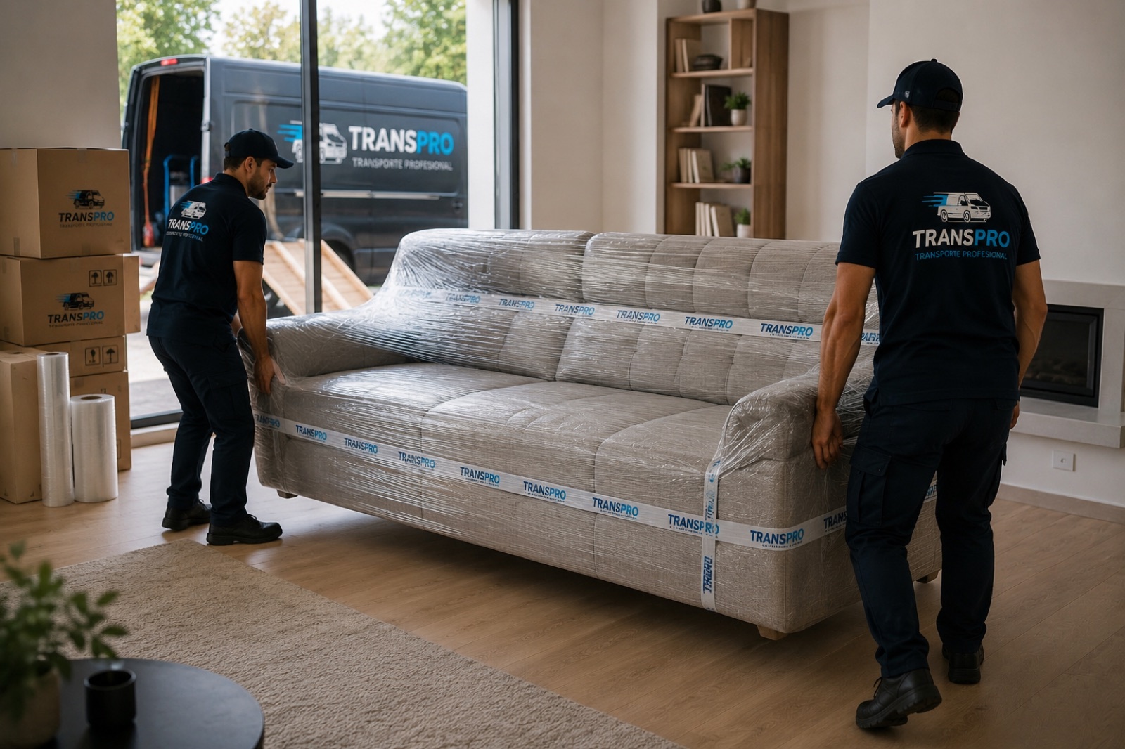 Dos operarios de Transpro trasladan un sofá protegido con film y cinta de la empresa
